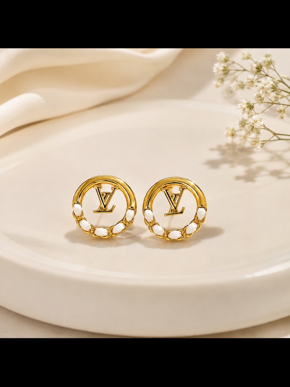 Louis Vuitton Gold and White Braided LV Circle Stud Earrings